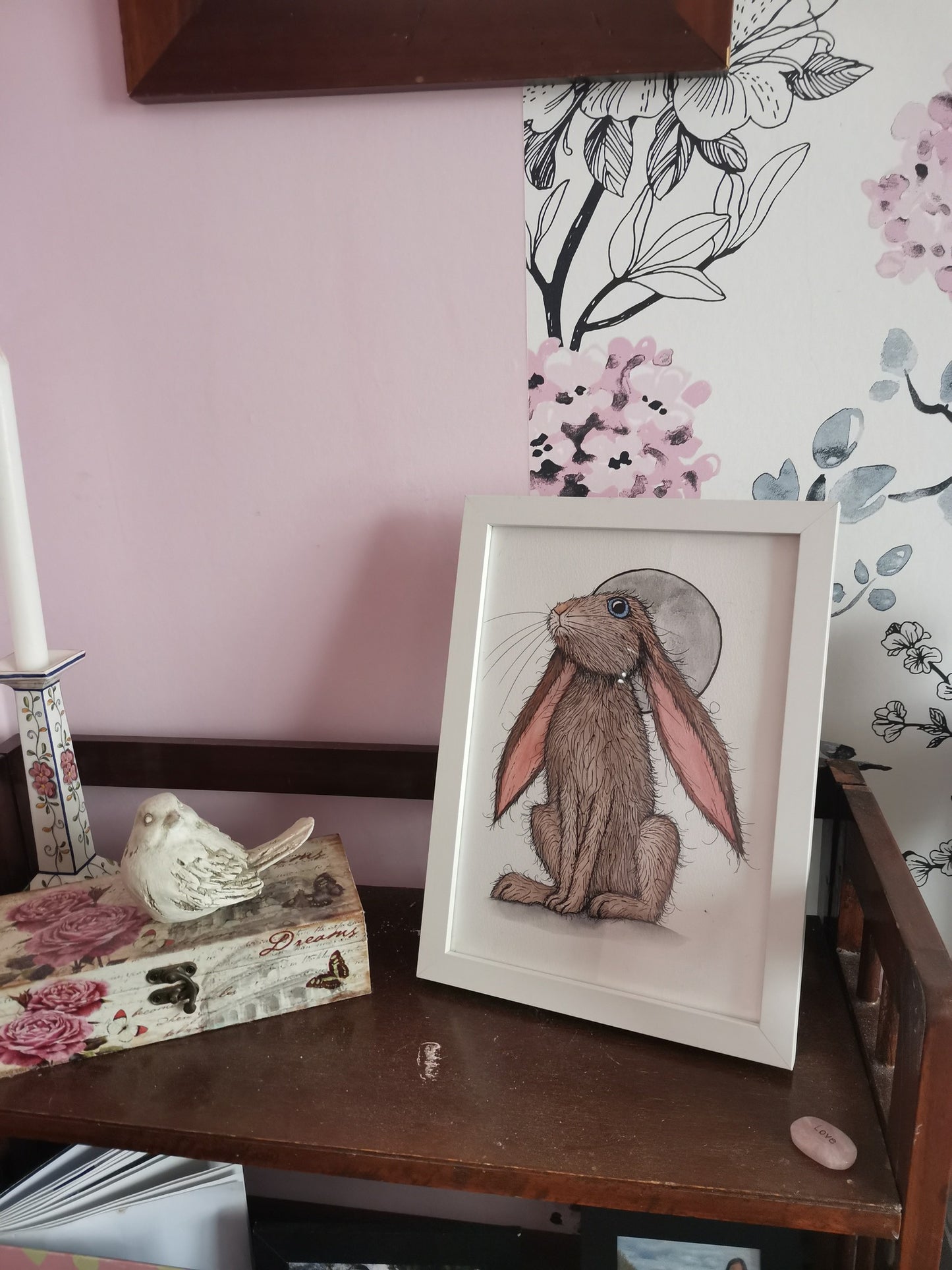 Bunny under the Moon - Watercolour and Ink Sketch