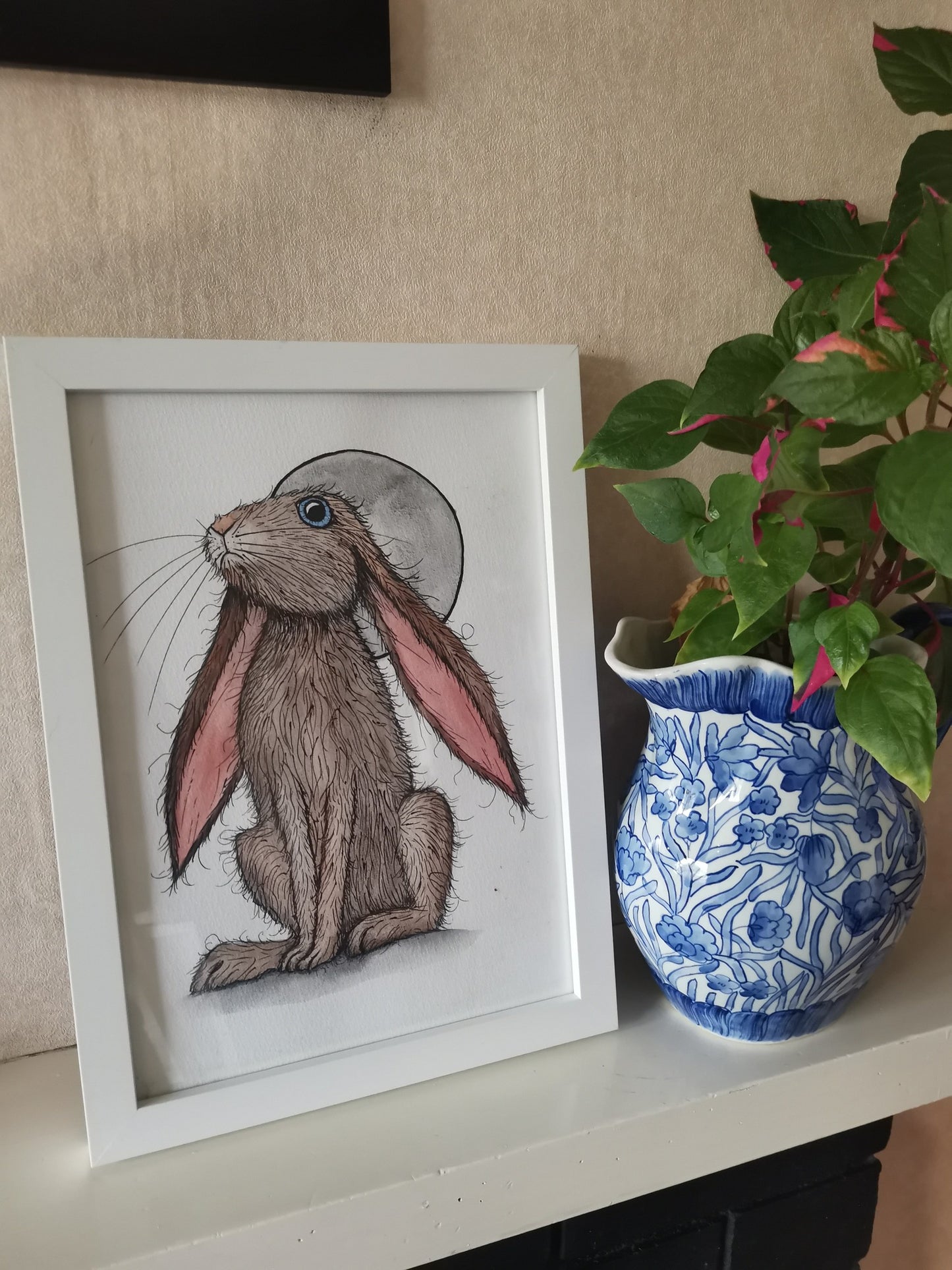 Bunny under the Moon - Watercolour and Ink Sketch