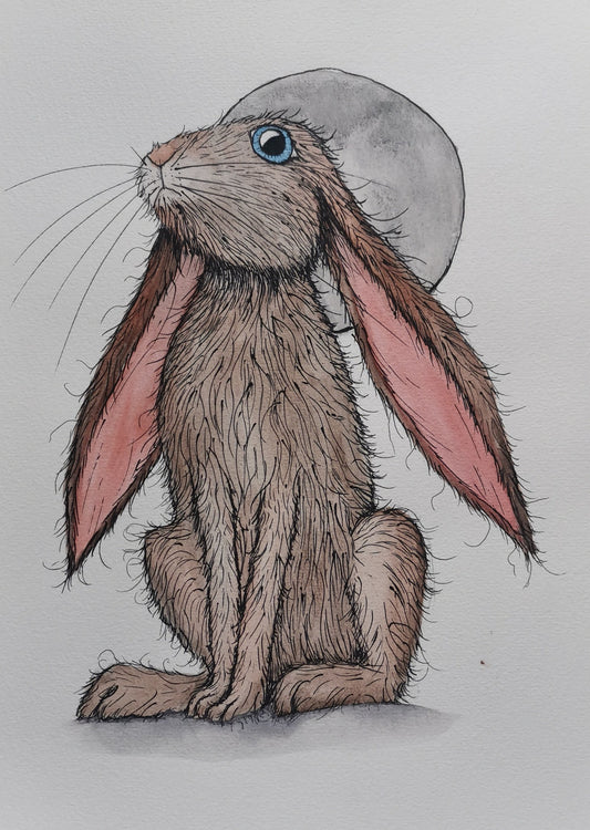 Bunny under the Moon - Watercolour and Ink Sketch