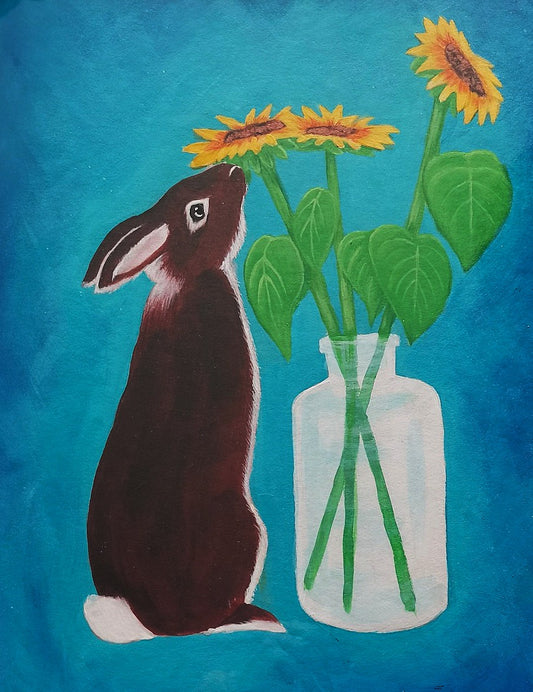 Hazel Bunny with Sunflower - Acrylic Painting