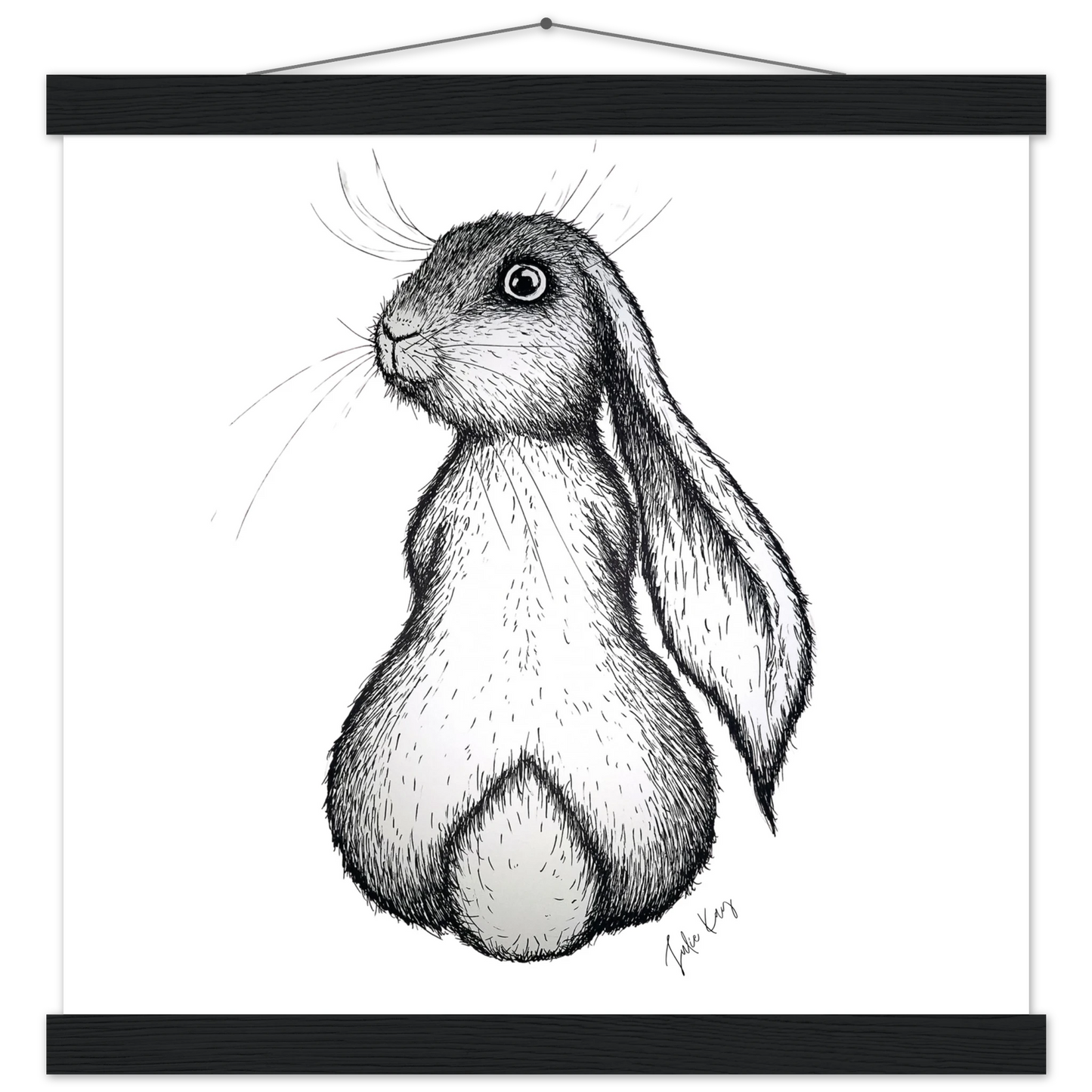 Honey Bunny ink sketch printed onto paper with black hanger
