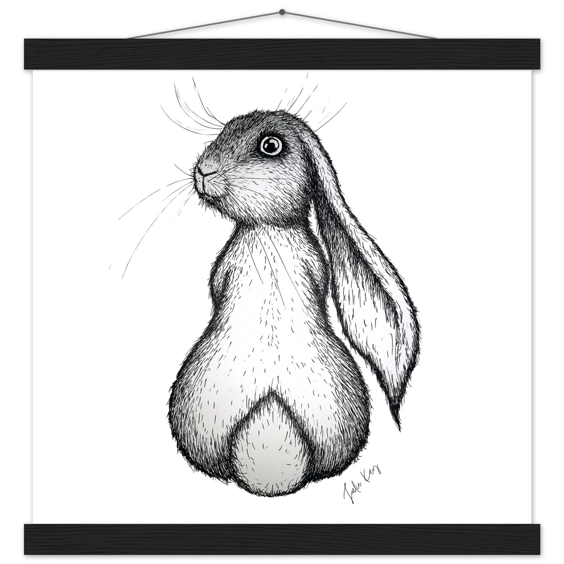 Honey Bunny ink sketch printed onto paper with black hanger