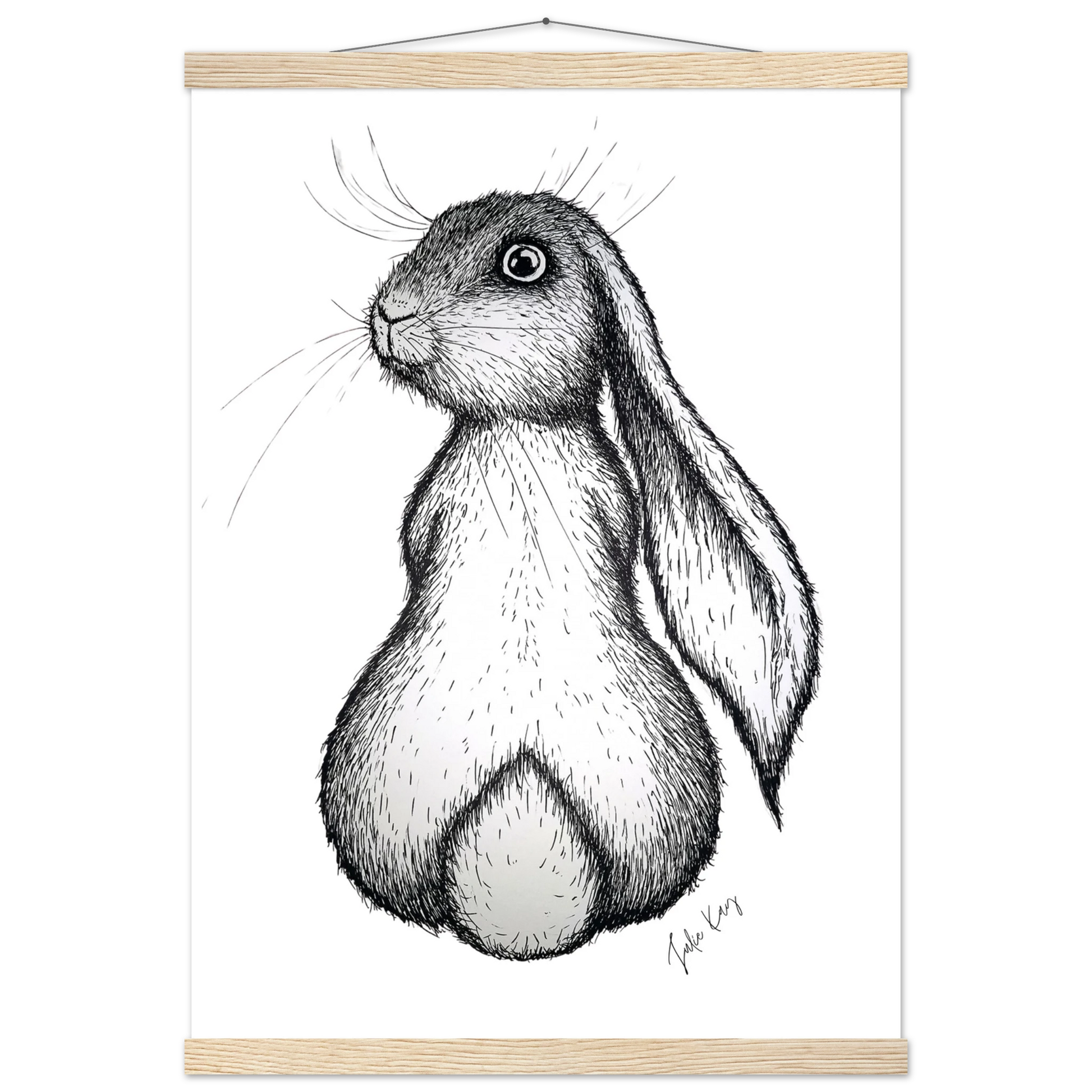 Honey Bunny ink sketch with natural hanger with fluffy tail