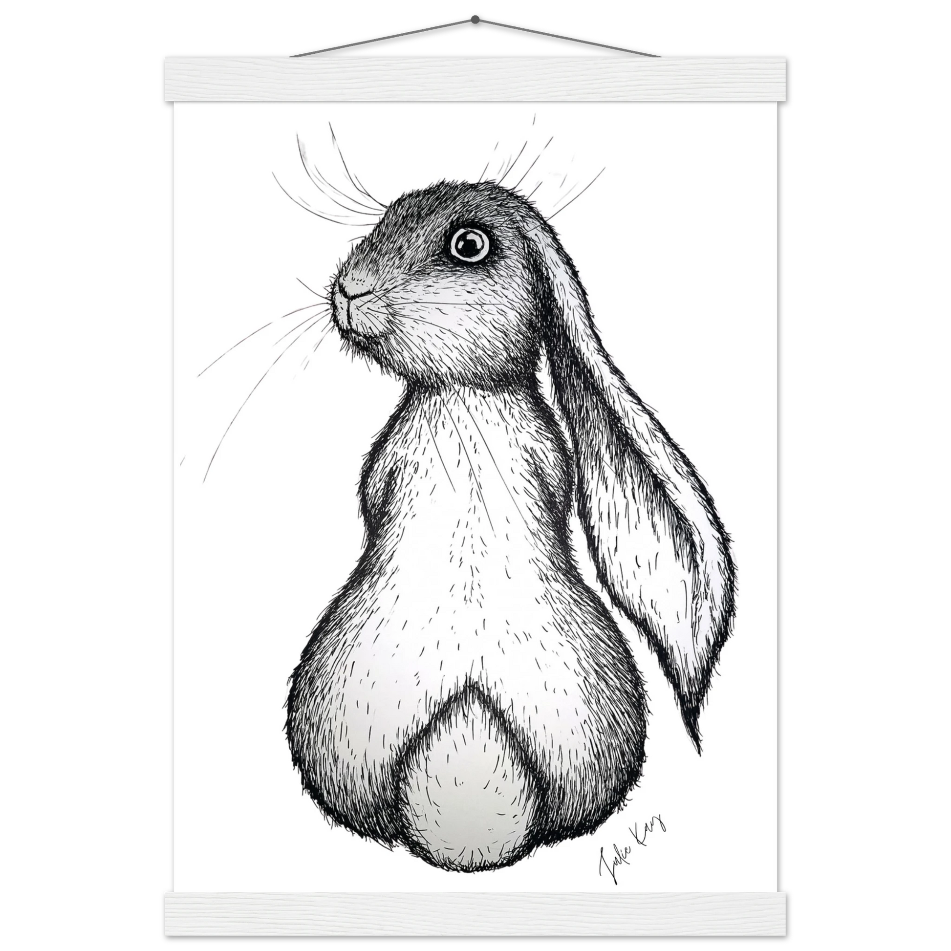 Honey Bunny ink sketch with white wood look hanger sweet rabbt with long ears