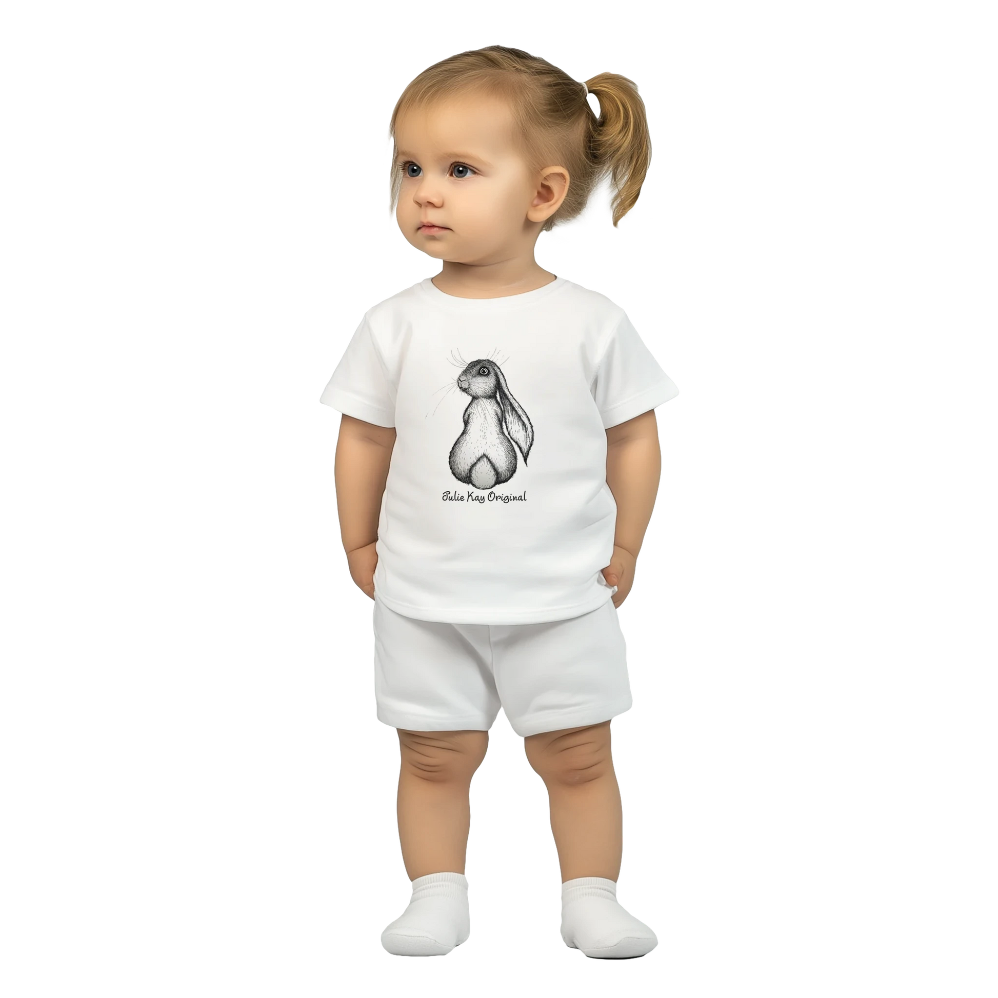 Sweet Honey Bunny printed onto white t-shirt with Julie Kay Original rabbit children wear. toddler