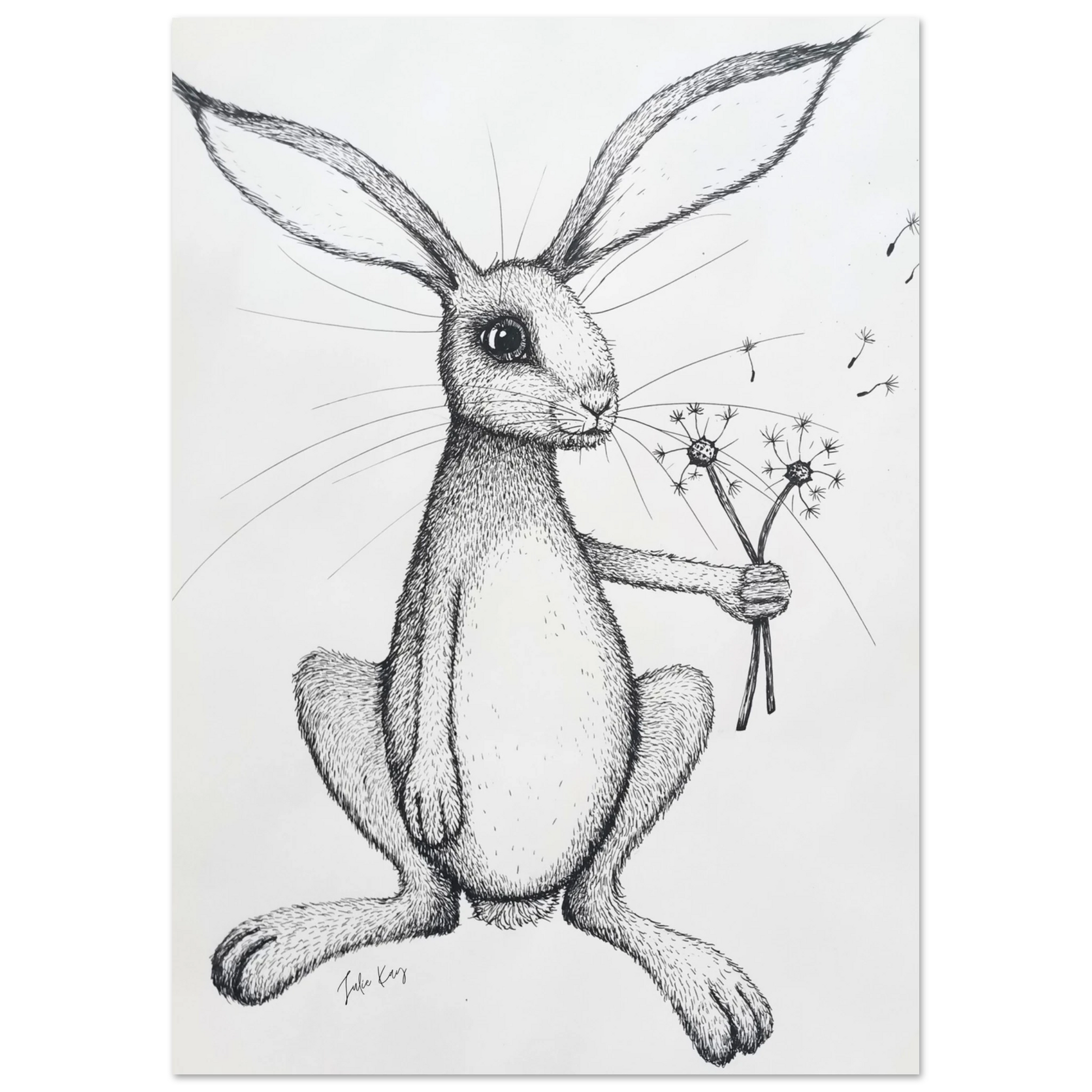 Honey Bunny with dandelion ink sketch on fine art paper
