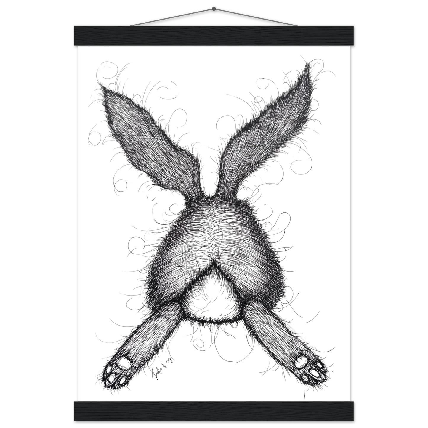 Lazy Coco Bunny ink sketch print with black hanger