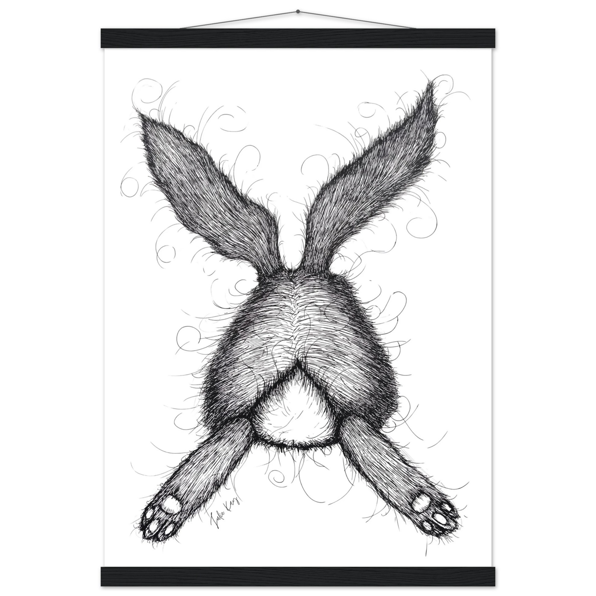 Lazy Coco Bunny ink sketch print with black hanger and long ears